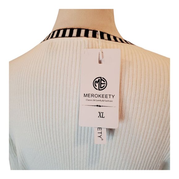 NWT MEROKEETY SZ XL Women's Ribbed Stretch Knit Scoop Neck Sweater White & Black - Picture 8 of 12